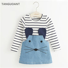 [Big Sale+Free Shipping]Striped Patchwork Character Girl Dresses Long Sleeve Cute Mouse Children Clothing Kids Girls Dress Denim Kids Clothes