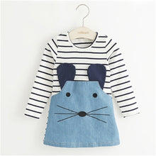 [Big Sale+Free Shipping]Striped Patchwork Character Girl Dresses Long Sleeve Cute Mouse Children Clothing Kids Girls Dress Denim Kids Clothes